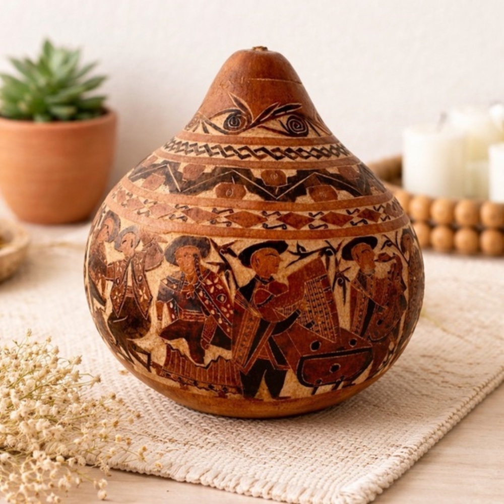 Peruvian Hand Carved Gourd Mate Burilado Folk Art Decor Vessel
